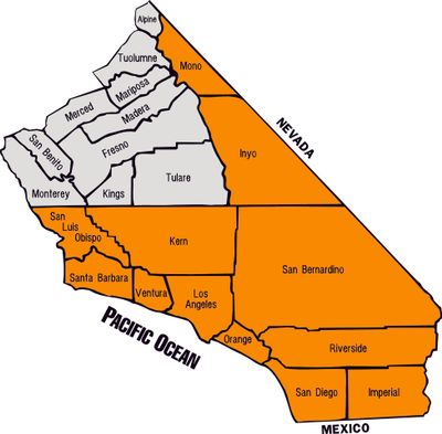 A map of the state of california with all counties shaded orange.